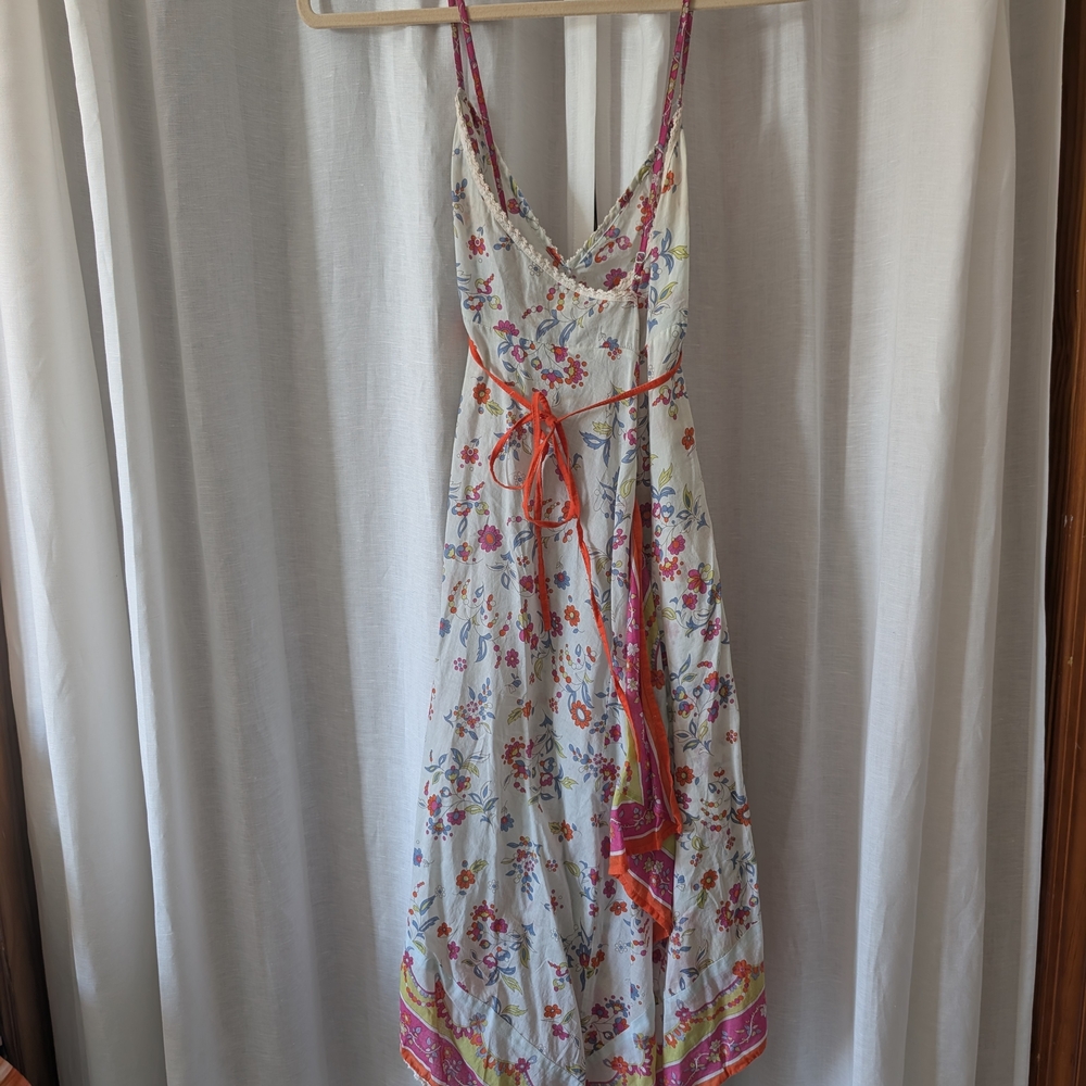 White Floral Handkerchief Hem Sundress with Pink Trim - Picture 2 of 3